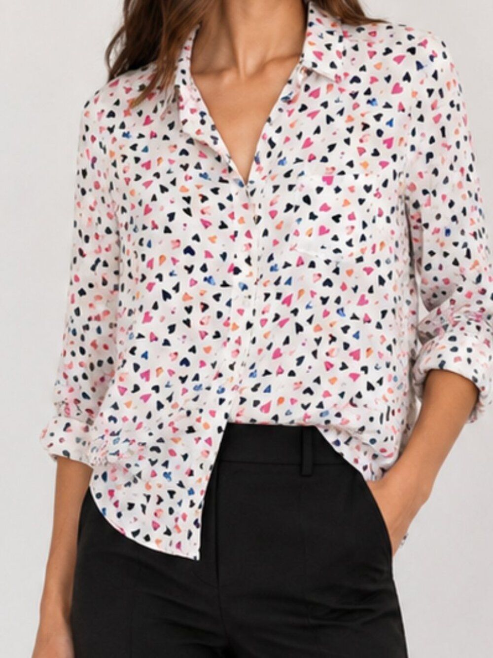 Rails Silk Heart Print Button Up Blouse Medium Soft Girl Romantic Chic Office